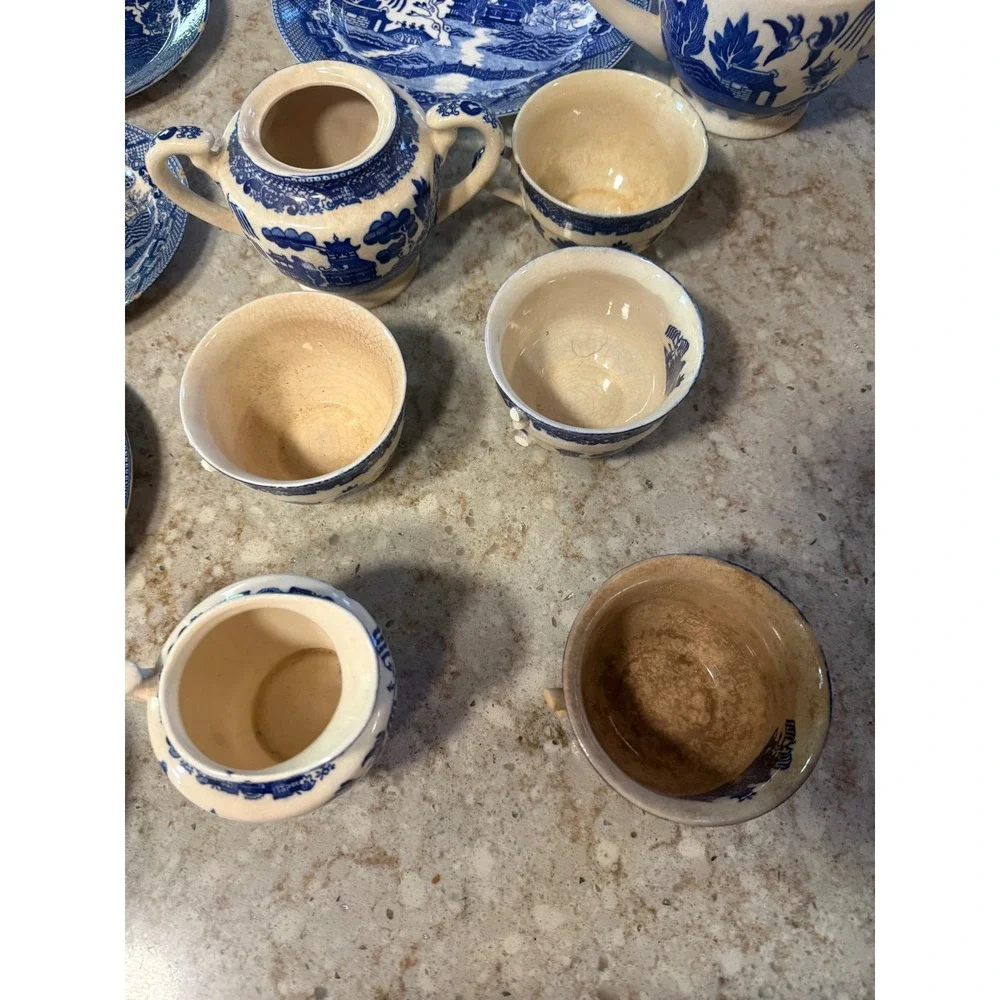 Vintage Blue Willow Tea Set Occupied Japan Blue White Transferware 18pc As-Is